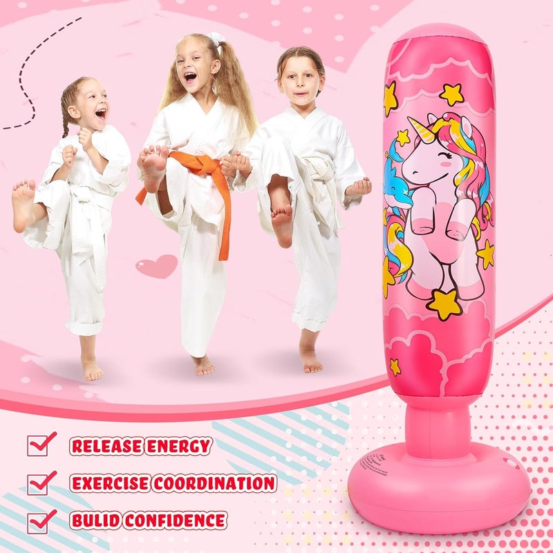 Vinsatin 2 Pcs 47" Kids Punching Bag Girls Stable Inflatable Boxing Bag Unicorn Heavy Punch with Instant Bounce Back Movement Kids Workout Equipment Karate Gifts for Girls Karate Taekwond - Image 5